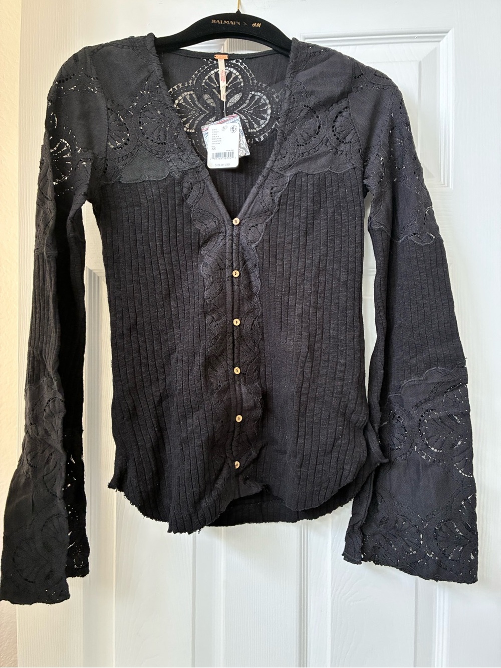 Free People “Olivia Lace Tunic” Black Button-Down Eyelet Ribbed Top